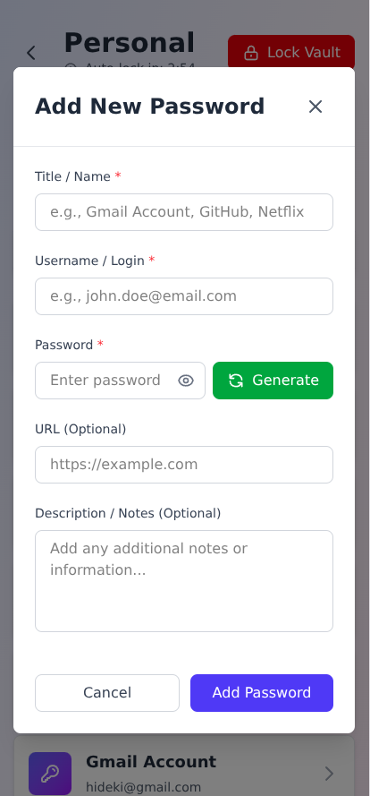 Add new password form with built-in password generator