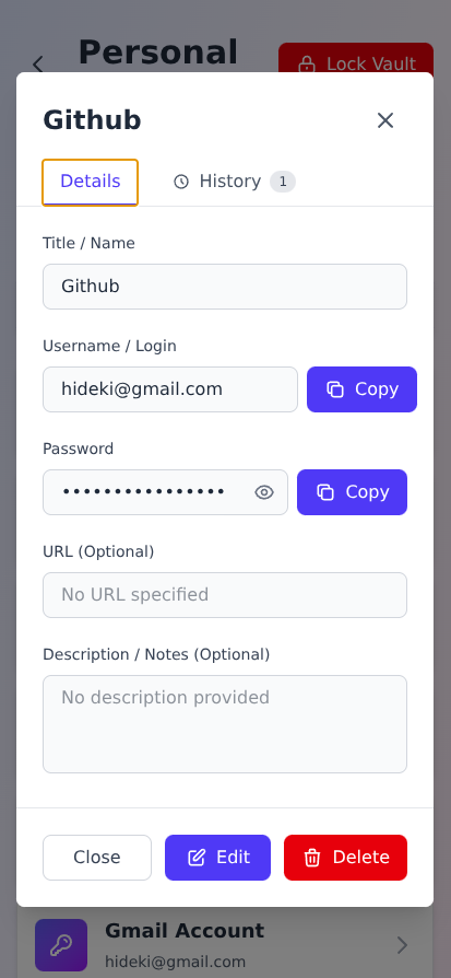 Password detail view with copy buttons for username and password