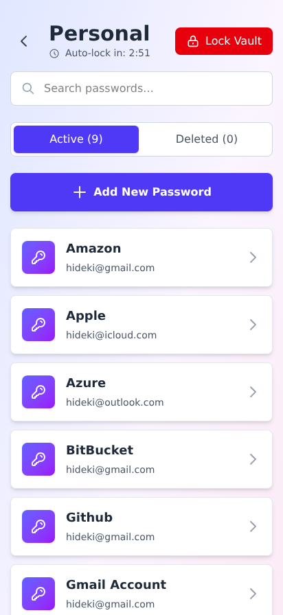 Password list showing stored logins with auto-lock timer
