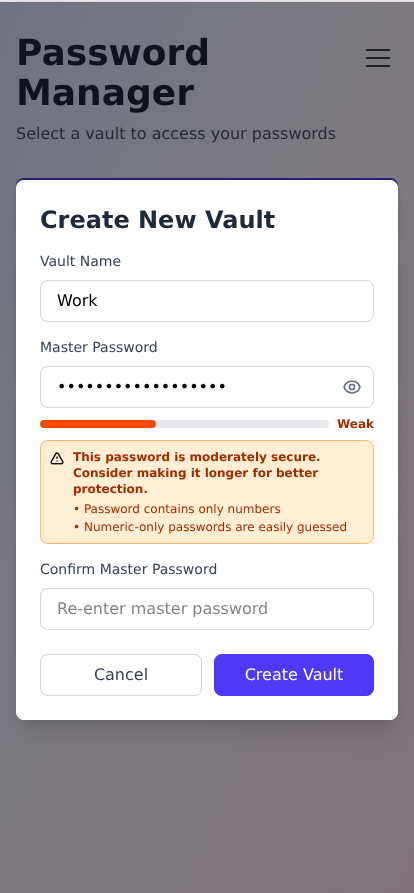 Create new vault form with password strength indicator