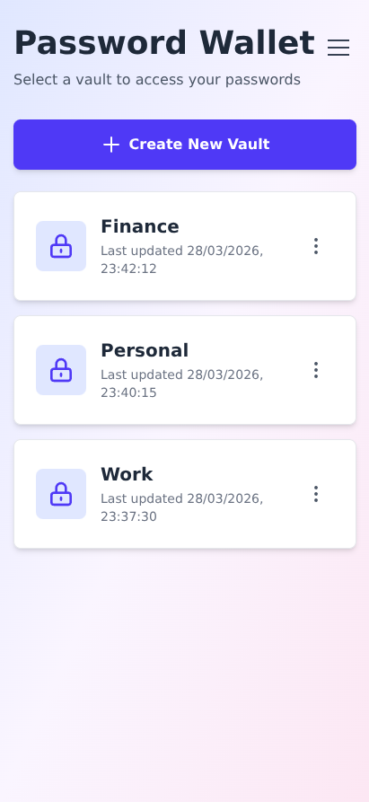 Vault list screen showing Finance, Personal and Work vaults