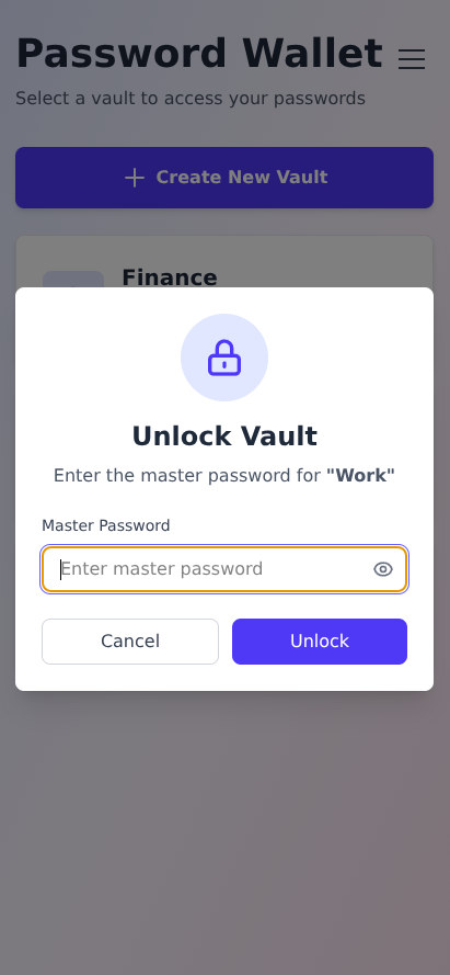 Unlock vault screen with master password input